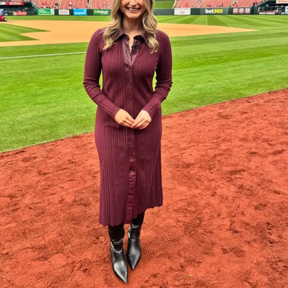 Toccin Burgundy Ribbed Knit Shirt Dress XS Midi Office Work Designer $525 - Picture 7 of 14